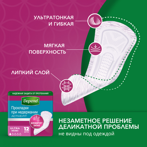 

Прокладки Depend Active-Fit Ultra Mini урологические 12 шт.