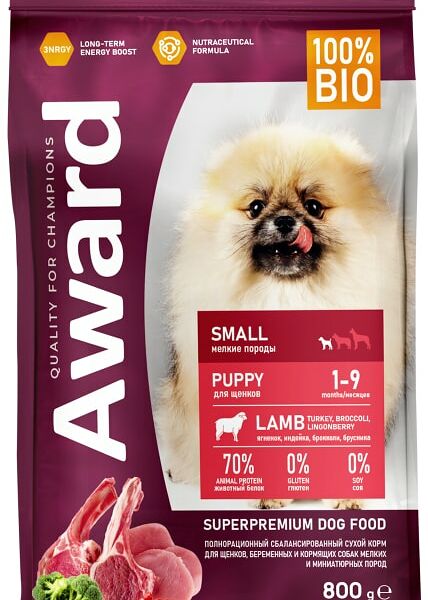 Сухой корм для щенков Award и беременных мелких пород с ягненком и индейкой с добавлением брокколи и брусники 800г