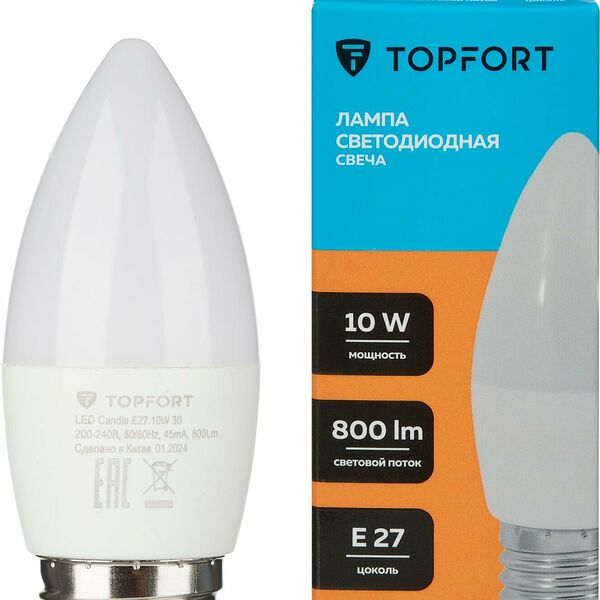 Лампочка светодиодная E27 TOPFORT, 10 Вт, 3000K, свеча