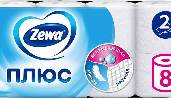 Туалетная бумага Zewa Плюс Белая 8 рулонов 2 слоя