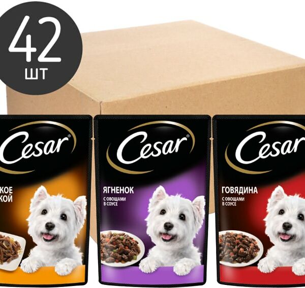 Набор влажных кормов для собак Cesar Три вкуса желе 14шт*85г и ломтики в соусе 28шт*85г