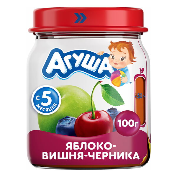 Пюре фруктовое Агуша Яблоко-Черника-Вишня 100г с 5 месяцев