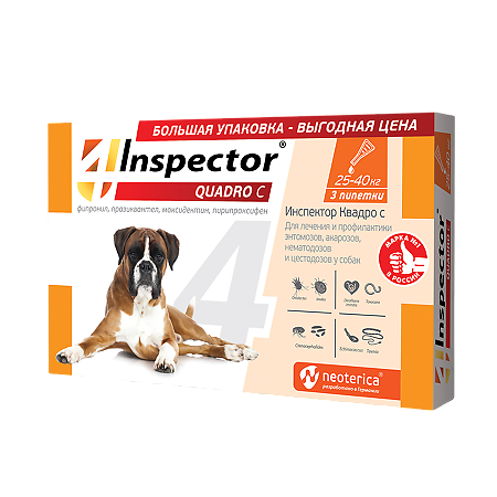 Капли Inspector Quadro для собак 25-40 кг от внешних и внутренних паразитов, 3 пипетки x 4 мл