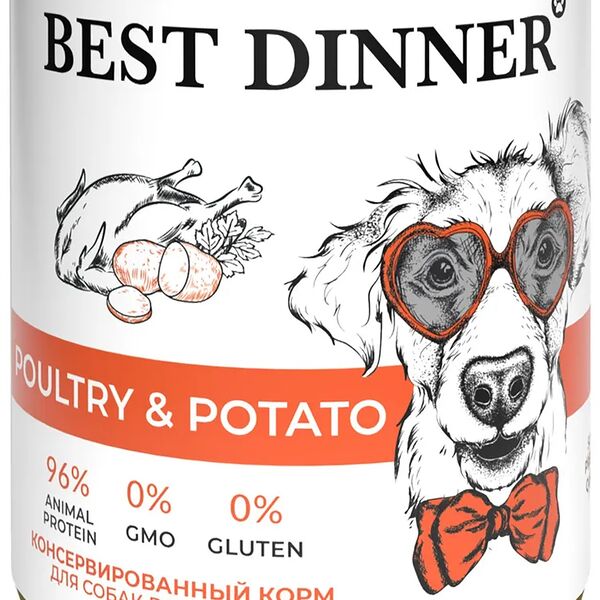 Консервы Best Dinner для любых собак и щенков ,полнорационный, птица и картофель, 850г