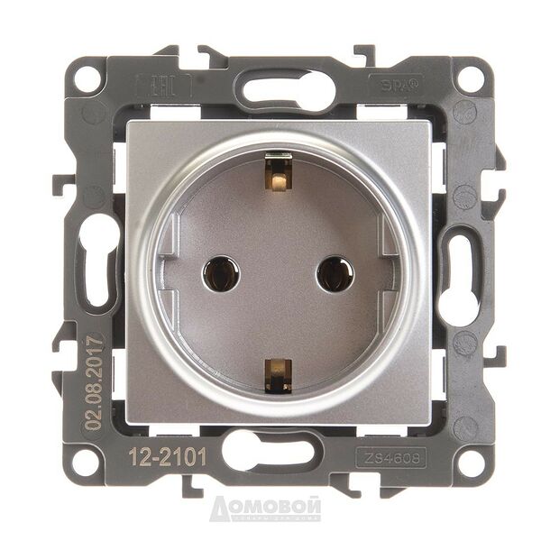 Розетка ЭРА 12 одинарная с заземлением без шторок алюминий