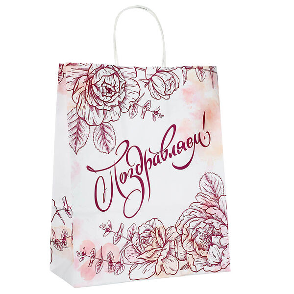 Пакет бумажный, 26х11х32 см, дизайн поздравляем