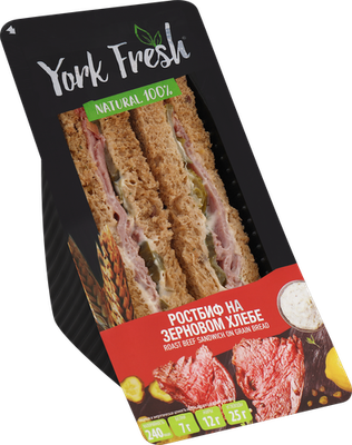 Сэндвич York Fresh с ростбифом и корнишонами на зерновом хлебе в соусе тартар 150 г