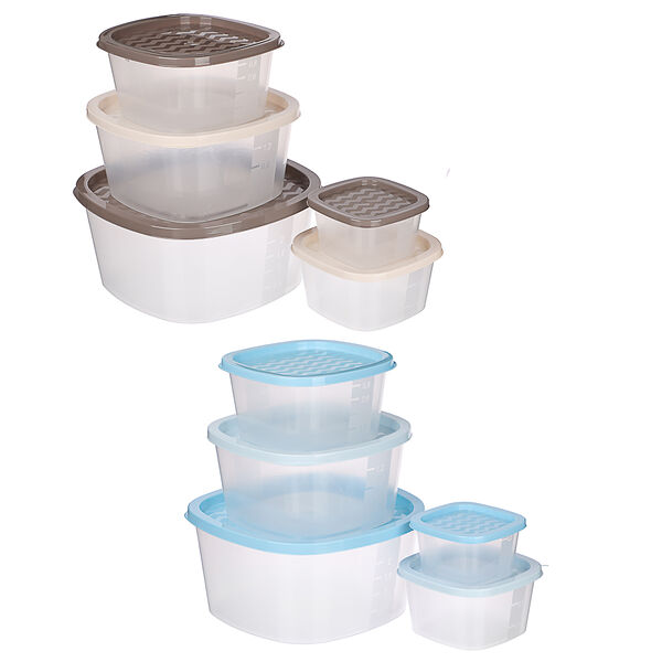 Набор контейнеров для продуктов квадратных 5шт (0,23л; 0,5л; 0,9л; 1,55л; 2,65л), пластик 2 цвета