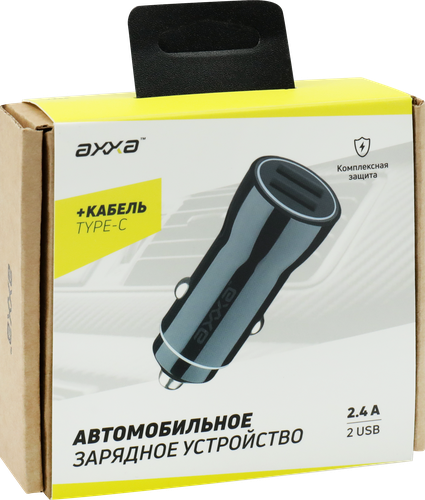 

Зарядное устройство автомобильное Axxa 1 м 2 USB 2.4А USB-C дата-кабель черный