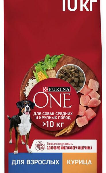 Сухой корм для собак Purina ONE для средних и крупных пород с курицей и рисом 10кг