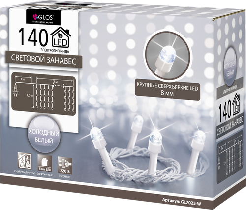 

Электрогирлянда светодиодная GLOS Световой занавес 2х1,5м 140 светодиодов, холодный белый Арт. GL7025-W