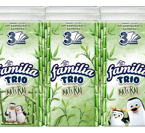 Платочки бумажные Familia Trio Natural три слоя 10 шт х 10 л