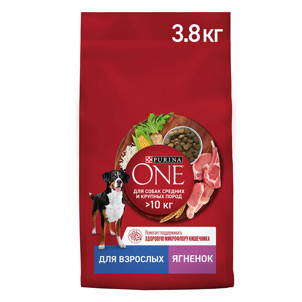 Сухой корм Purina ONE® для взрослых собак средних и крупных пород, с высоким содержанием ягненка и рисом, 3,8 кг