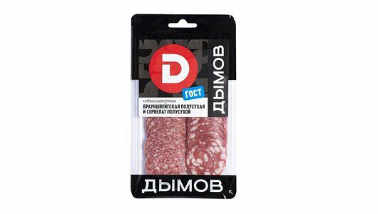 Колбаса Дымов Сервелат, Брауншвейгская, сырокопченая, нарезка, 90 г