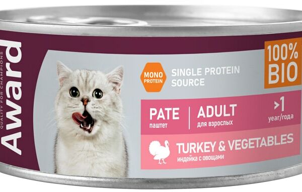 Влажный корм для кошек Award Паштет из индейки с овощами 100г