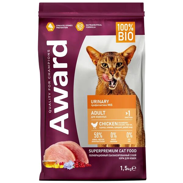 Сухой корм AWARD Urinary для взрослых кошек для профилактики мочекаменной болезни 1,5кг, курица, клюква, цикорий, рыбий жир