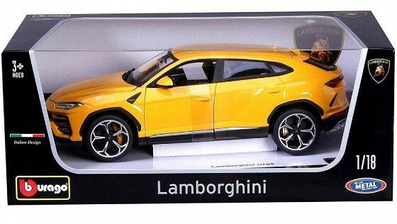 Машинка die-cast Lamborghini Urus 1:18 жёлтая открывающ двери Bburago 18-11042YL