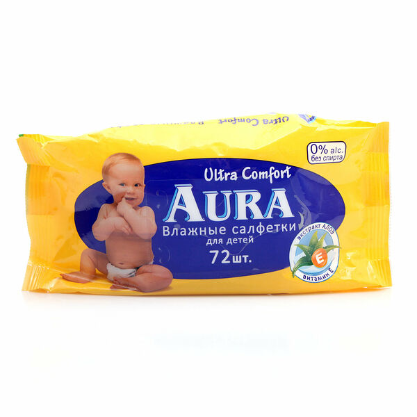 Салфетки влажные для детей с экстрактом алоэ ТМ Aura (Аура), 72 шт