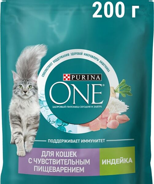 Сухой корм для кошек Purina ONE для чувствительного пищеварения с индейкой и рисом 200г