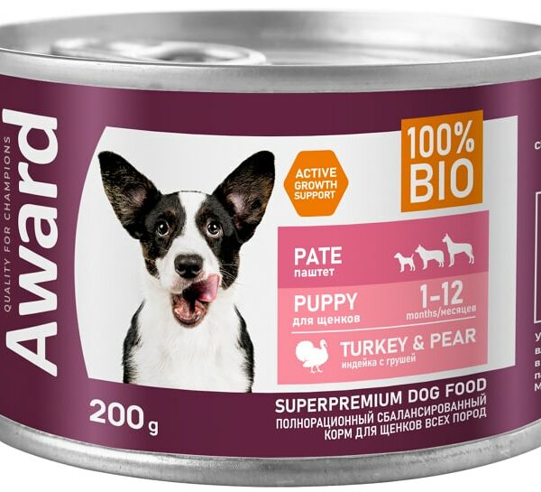 Влажный корм для щенков Award от 1 месяца Паштет из индейки с грушей 200г