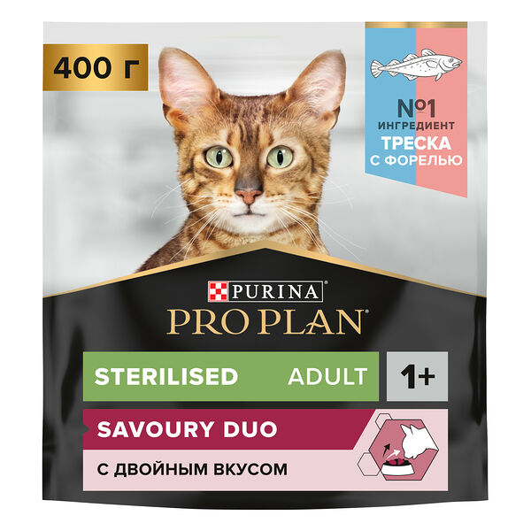 Сухой корм PRO PLAN® Sterilised Adult SAVOURY DUO для взрослых стерилизованных кошек, с высоким содержанием трески и с форелью 400 г