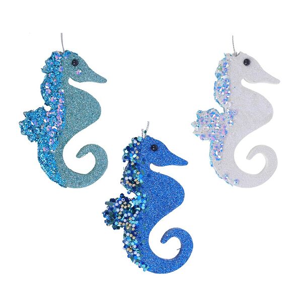 Сноу бум подвеска декоративная в виде морского конька, с декором, пенопласт, 12x8см, 3 цвета в ассортименте