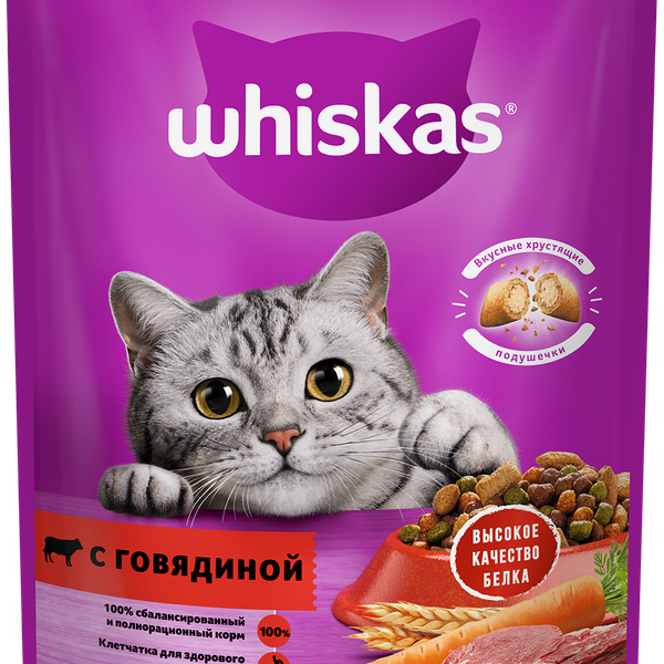 Сухой корм для кошек Whiskas Вкусные подушечки с нежным паштетом с говядиной 350 г