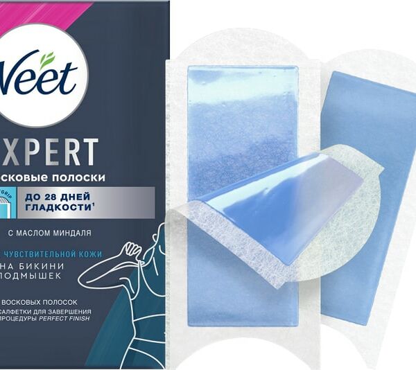 Полоски восковые для депиляции Veet Expert для чувствительной кожи бикини и подмышек 16шт