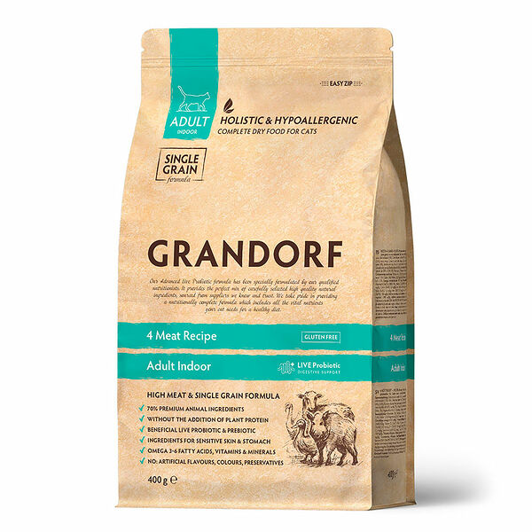 Сухой корм для кошек Grandorf Adult Indoor 4 вида мяса с пробиотиками, 400г
