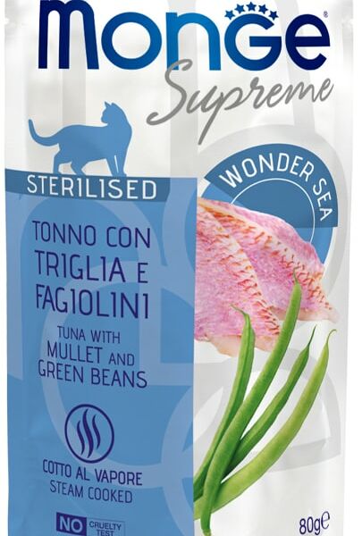 Влажный корм для кошек Monge Supreme sterilized cat с кефалью и зеленой фасолью 80г