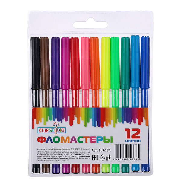 Фломастеры Clipstudio 12 цветов, с цветным вент.колпачком, пластик, в пвх пенале