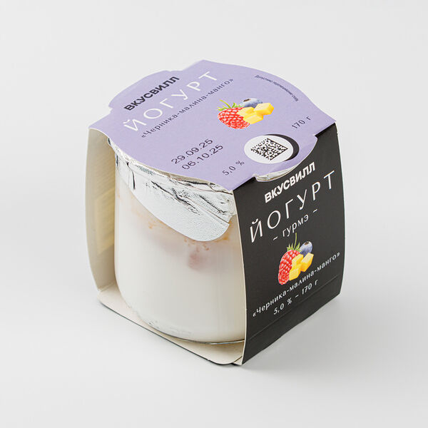 Йогурт ложковый ВкусВилл Гурмэ Черника, малина, манго 5% 170 г