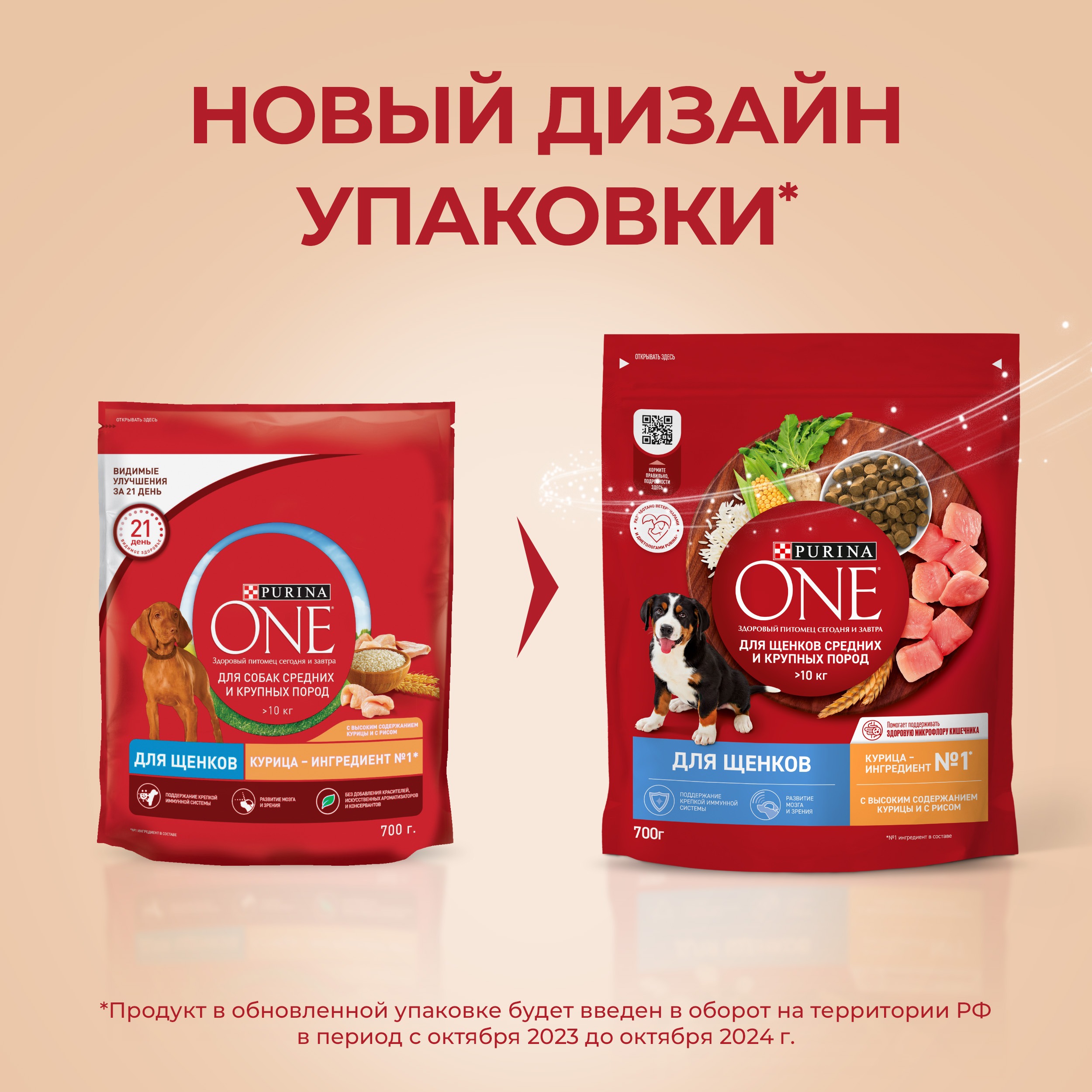 

Сухой корм для щенков Purina One для средних и крупных пород с курицей и рисом 700 г