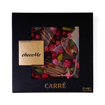 

Шоколад молочный ChocoMe с орехом пекан, фисташками Бронте, лиофилизированной красной смородиной 50 г