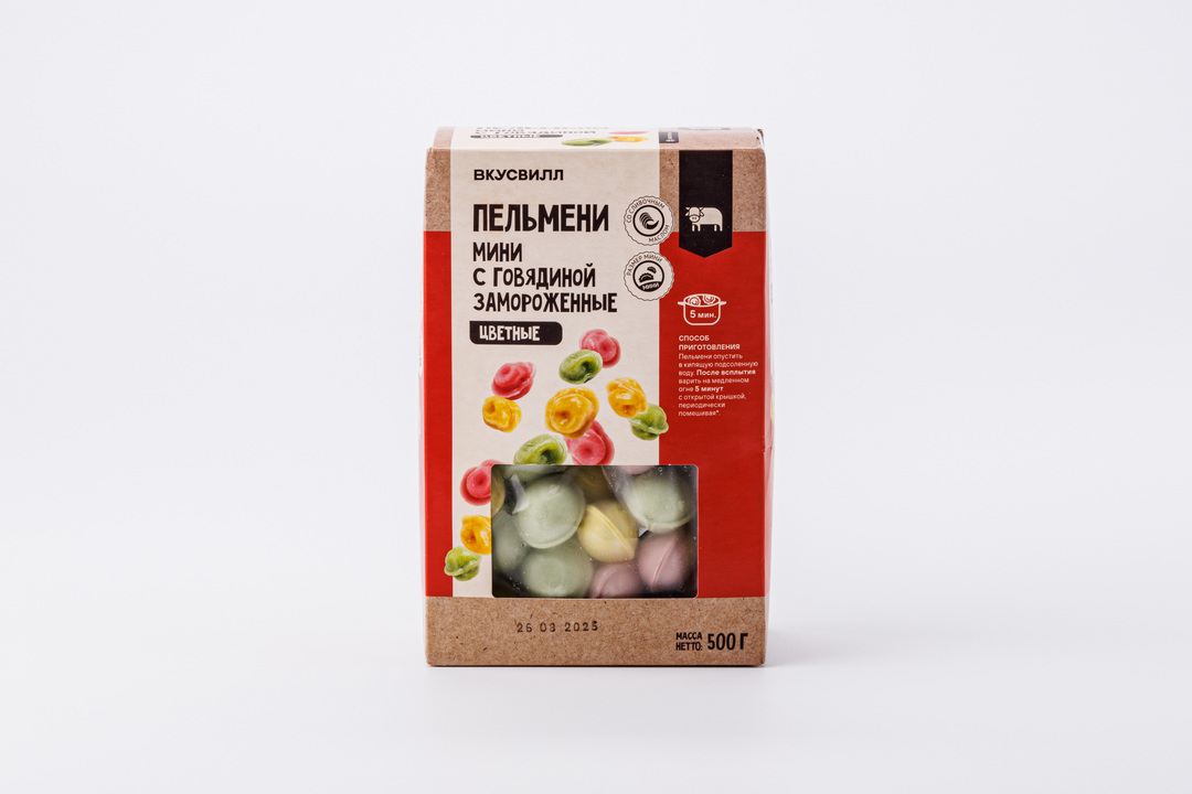 

Пельмени ВкусВилл Мини с говядиной цветные 500 г