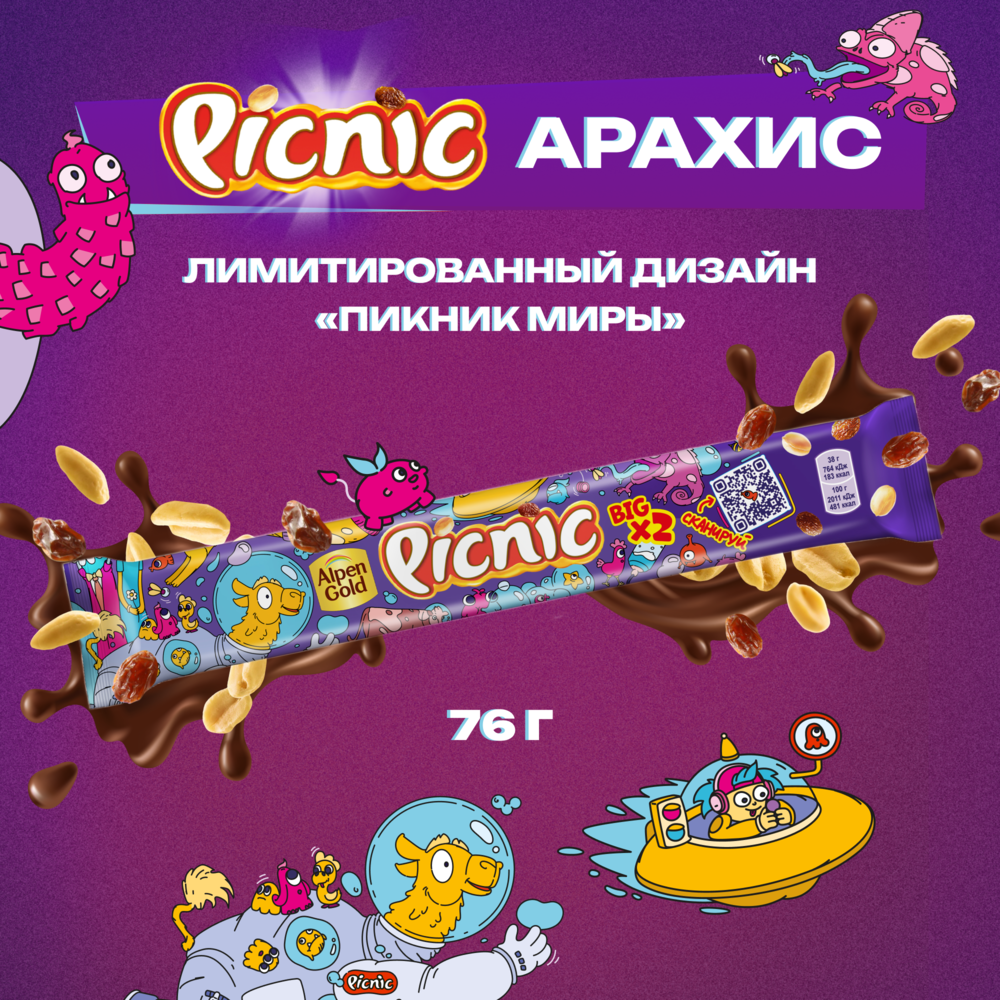 

Батончик Picnic Big с арахисом и изюмом 76 г дизайн упаковки в ассортименте