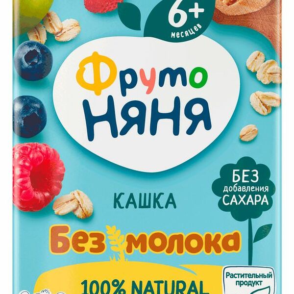 Кашка ФрутоНяня безмолочная овсяная с яблоком, земляникой, малиной и черникой с пребиотиком, 200 мл
