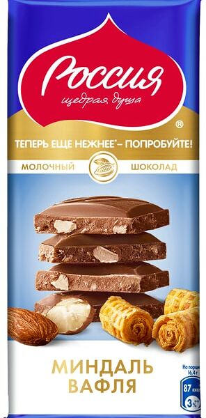 Шоколад Россия - щедрая душа молочный с миндалем и вафлей 82г