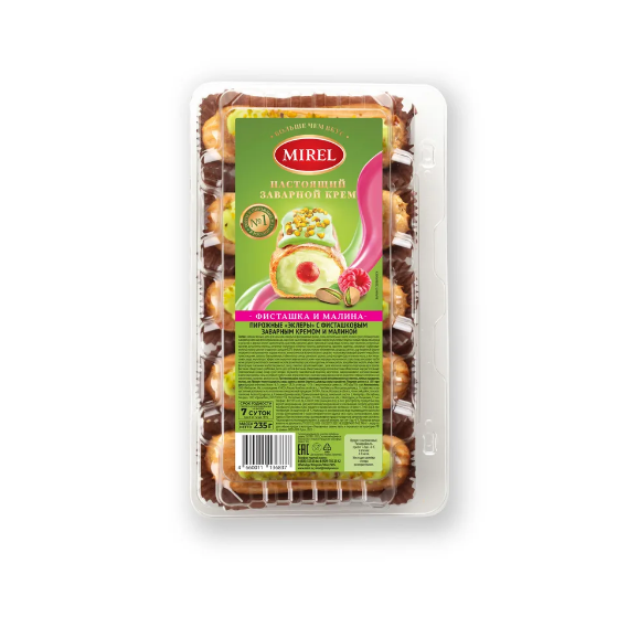 

Пирожные Mirel Эклеры с фисташковым заварным кремом и малиной 235 г