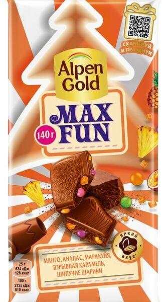 Шоколад Alpen Gold Max Fan Молочный Манго Ананас Маракуйя Шипучие рисовые шарики Взрывная карамель 140г