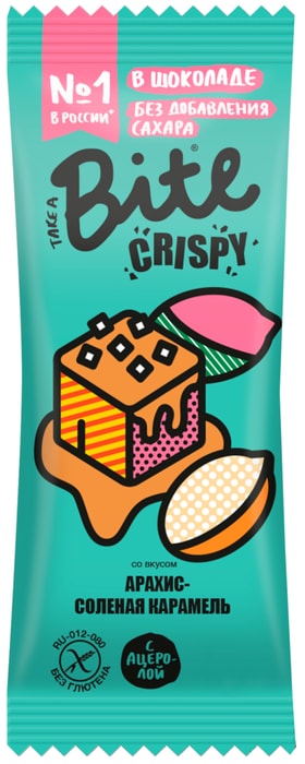 

Батончик орехово-фруктовый Bite Crispy Арахис-Соленая карамель в шоколаде (без сахара), 45 г