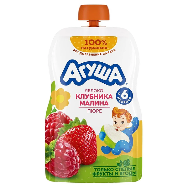 Пюре фруктово-ягодное детское Агуша Яблоко-клубника-малина с 6 месяцев 90 г