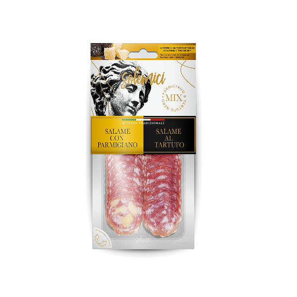 Изд колб с/в 1с Ассорти Salame con Parmigiano/Салями с сыром Пармезан Salame al Tartufo/Салями с Трюфелем МГС серв нар 70г Солерамичи