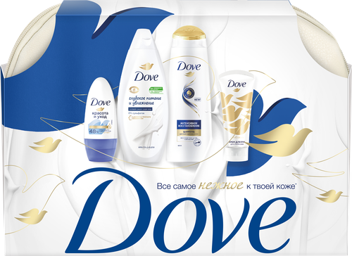 

Подарочный набор в косметичке Dove Нежнее к Твоей Коже: шампунь Интенсивное восстановление 250 мл, крем-гель для душа Глубокое питание и увлажнение 250 мл, крем для рук 50 мл, антиперспирант Красота и уход 50 мл, косметичка