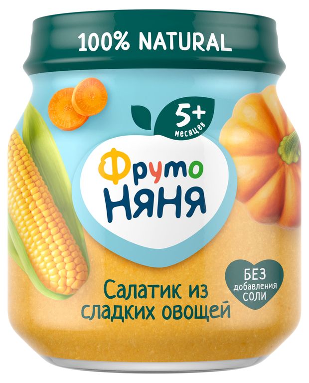 

Пюре овощное ФрутоНяня Салатик из сладких овощей, кукуруза, тыква и морковь, с 5 месяцев