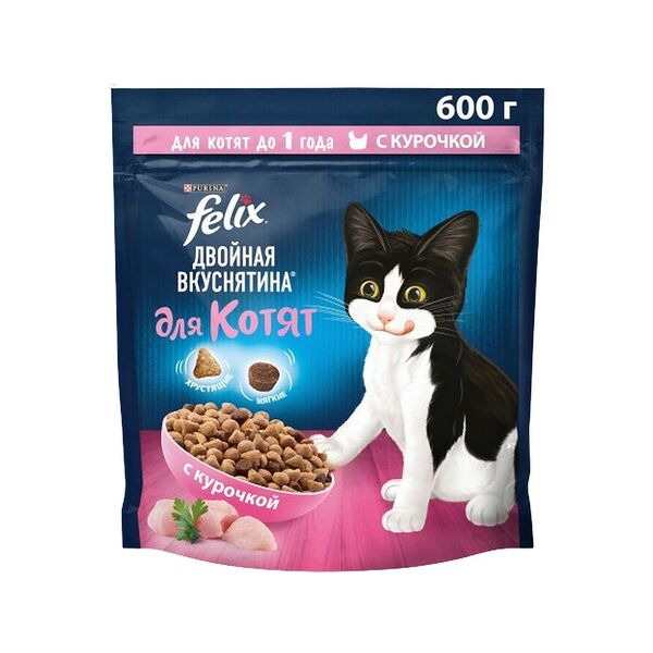 Сухой корм Felix Двойная Вкуснятина для котят до года, с курочкой, Пакет, 600 г