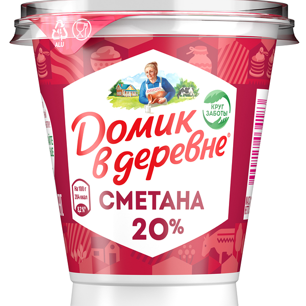 Сметана Домик в деревне 20% 300 г, дизайн упаковки в ассортименте