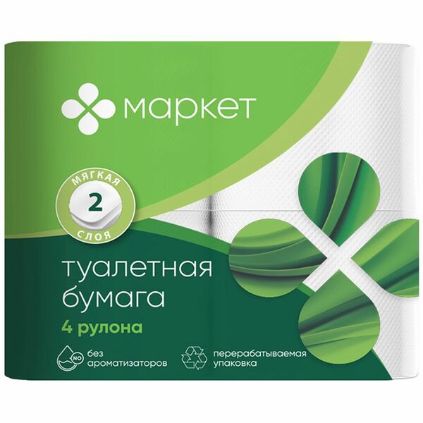 Бумага туалетная Маркет белая не ароматизированная 2 слоя 4 шт