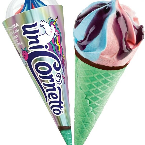 Мороженое Cornetto Enigma Единорог Клубника Бабл гам черная смородина 73г
