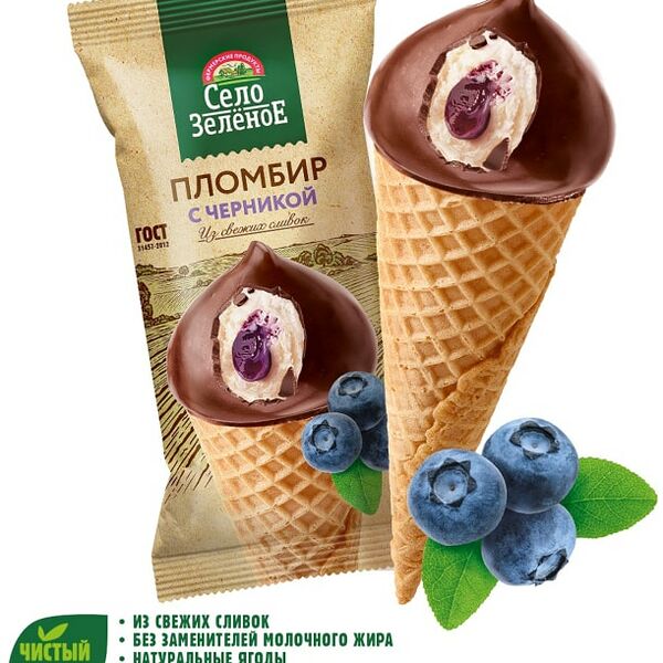 Мороженое Село Зеленое Пломбир с черникой в вафельном рожке 15% 70г